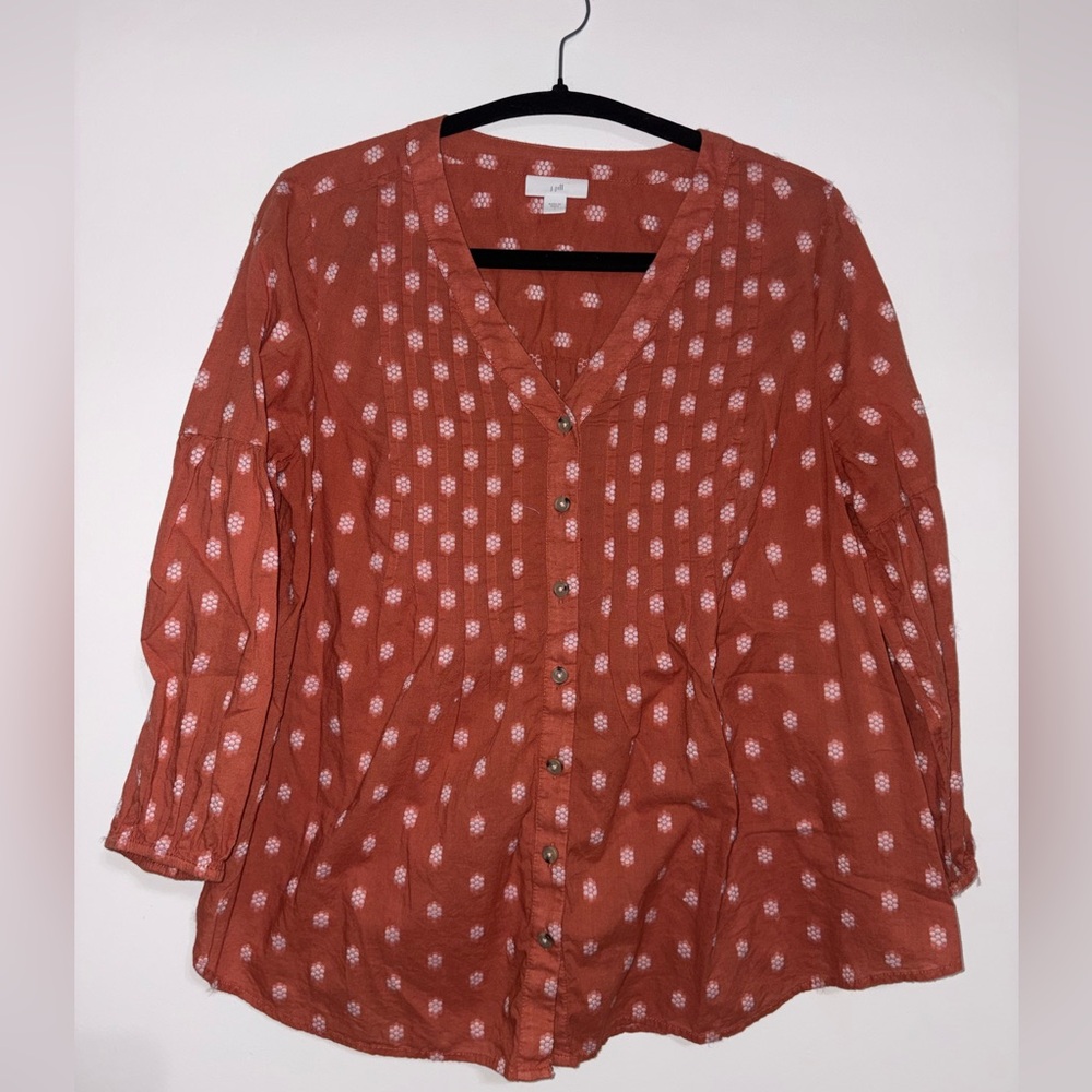 J. Jill peasant top orange brown patterned button India up size small - Picture 2 of 7